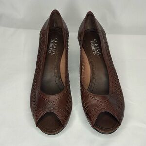 Vintage Classic Elements Brown Woven Leather Mini Wedge Peep Toe Shoes, 9